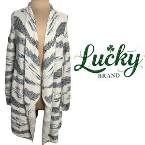 Lucky Brand open front cardigan sweater cream blue gray textured knit Size Med